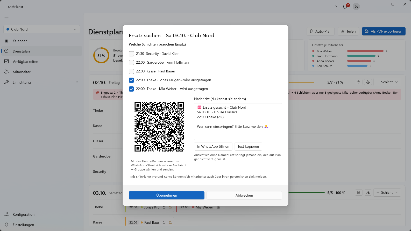 Dialog Ersatz suchen mit angekreuzten Schichten, Nachricht und QR-Code für WhatsApp