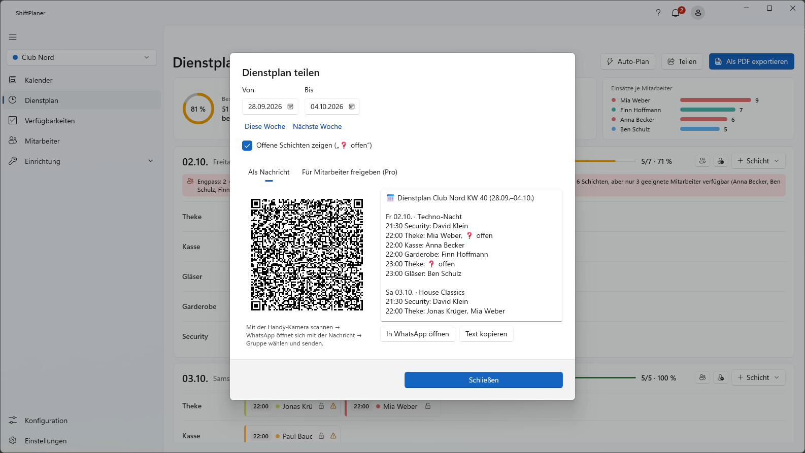 Der Dialog „Dienstplan teilen“ mit Textvorschau und QR-Code