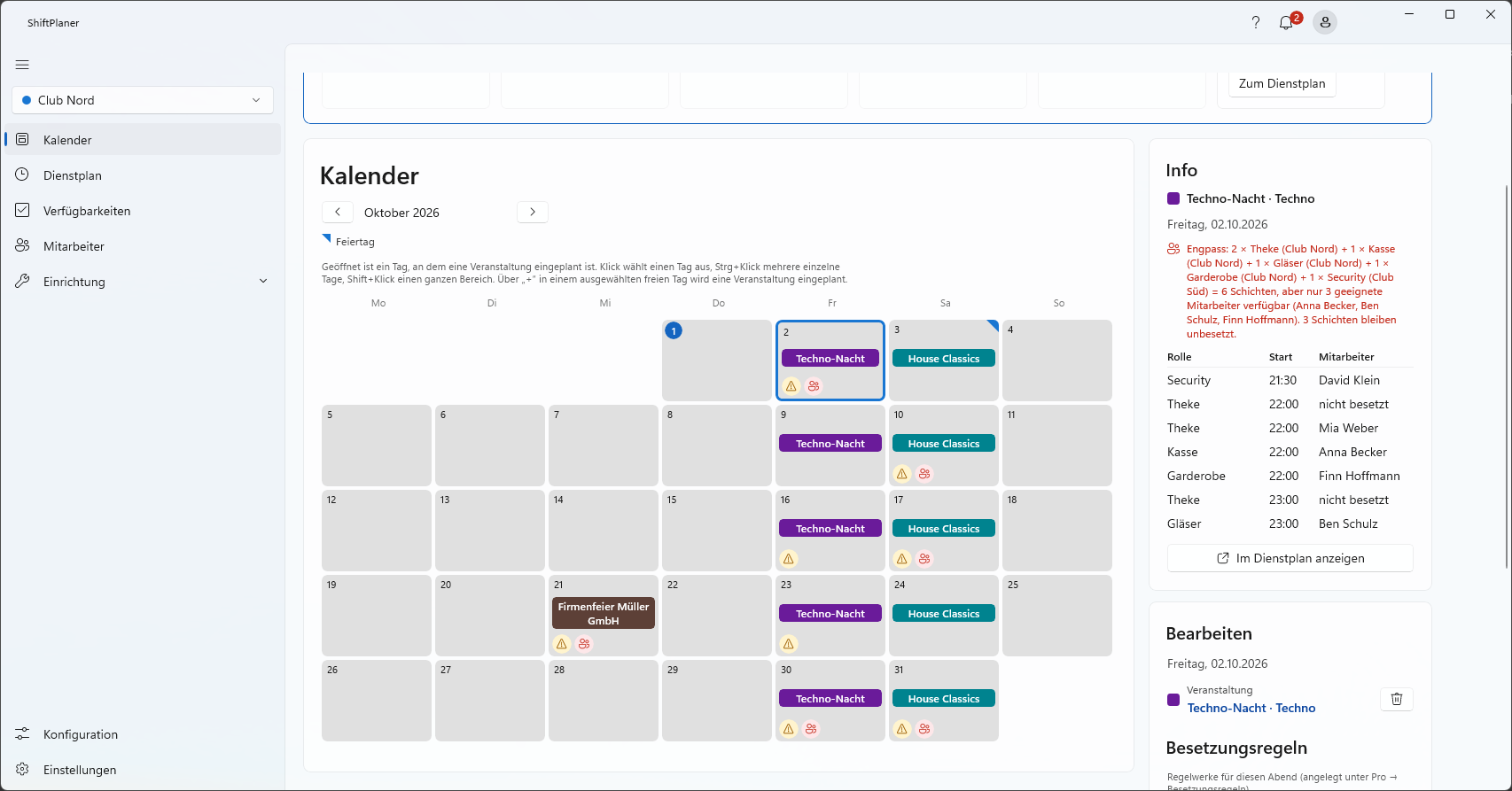 Monatskalender mit Veranstaltungen und den Karten Info und Bearbeiten zum gewählten Abend
