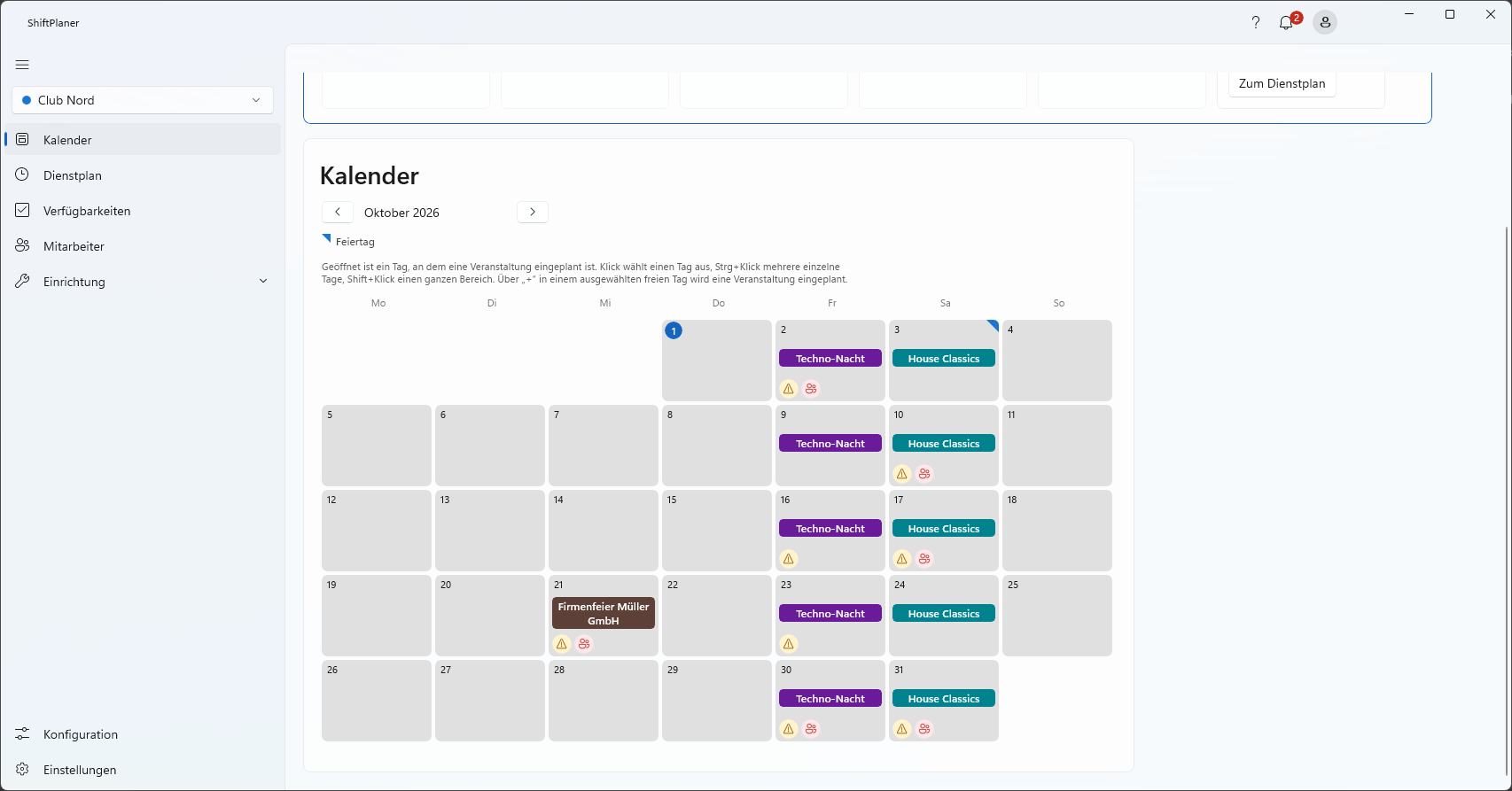 Kalender mit Veranstaltungen, Feiertag und Hinweis-Punkten