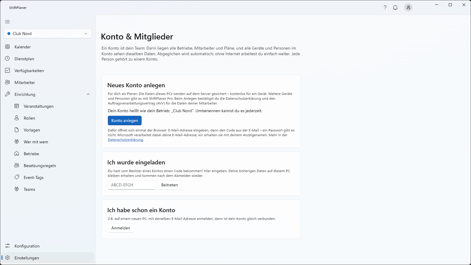 Startbildschirm mit Daten aus der Zeit ohne Konto: „Konto anlegen – meine Daten übernehmen“