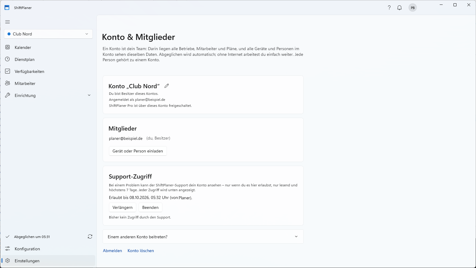 Konto & Mitglieder mit der Karte „Support-Zugriff“: erlaubt bis …, Verlängern, Beenden