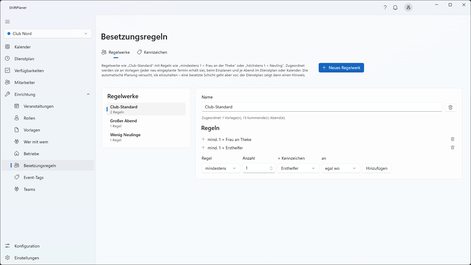 Besetzungsregeln: Regelwerk Club-Standard mit zwei Regeln