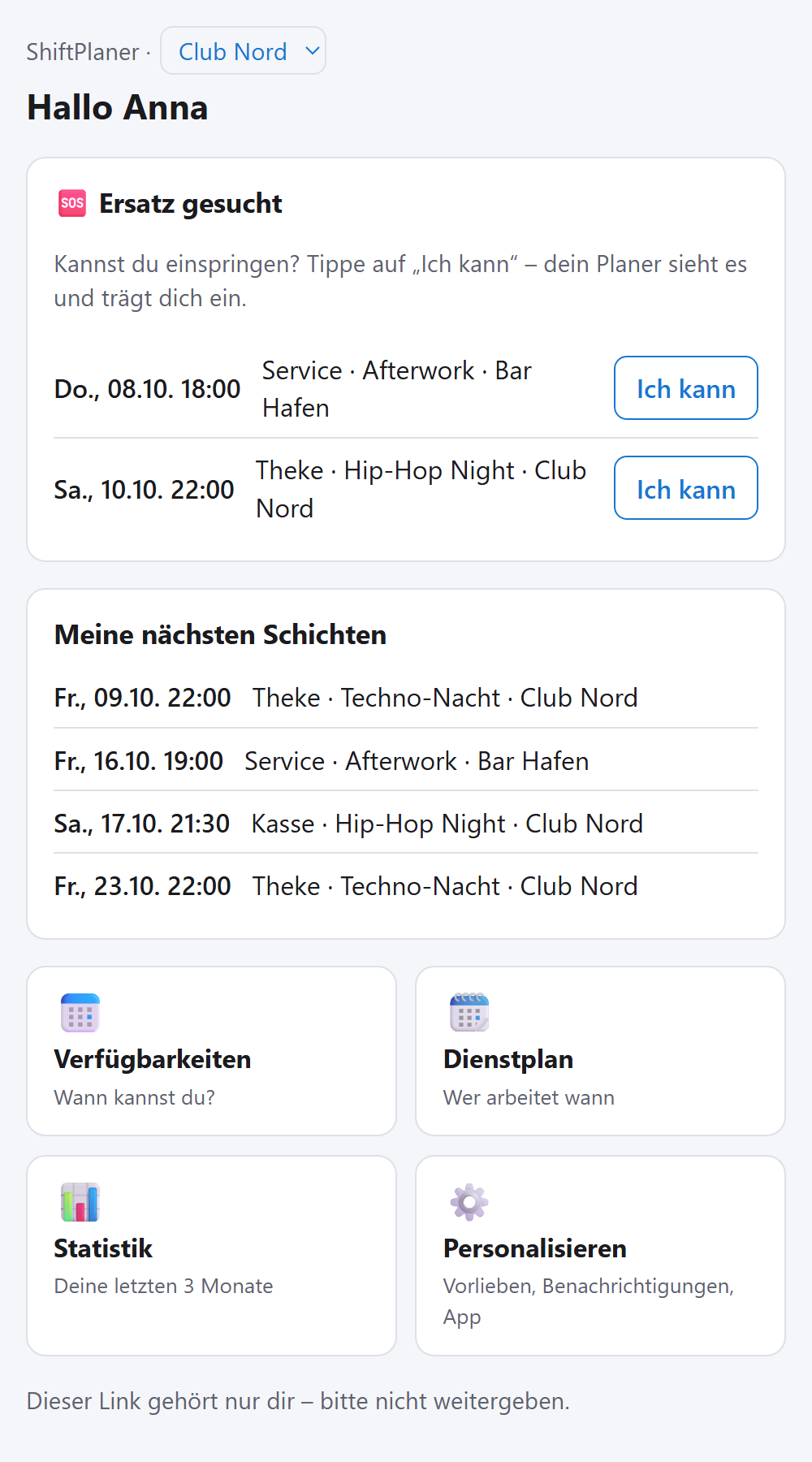 Die Mitarbeiter-Seite mit zwei Betrieben: Auswahl oben, „Ersatz gesucht“ und Schichten aus beiden