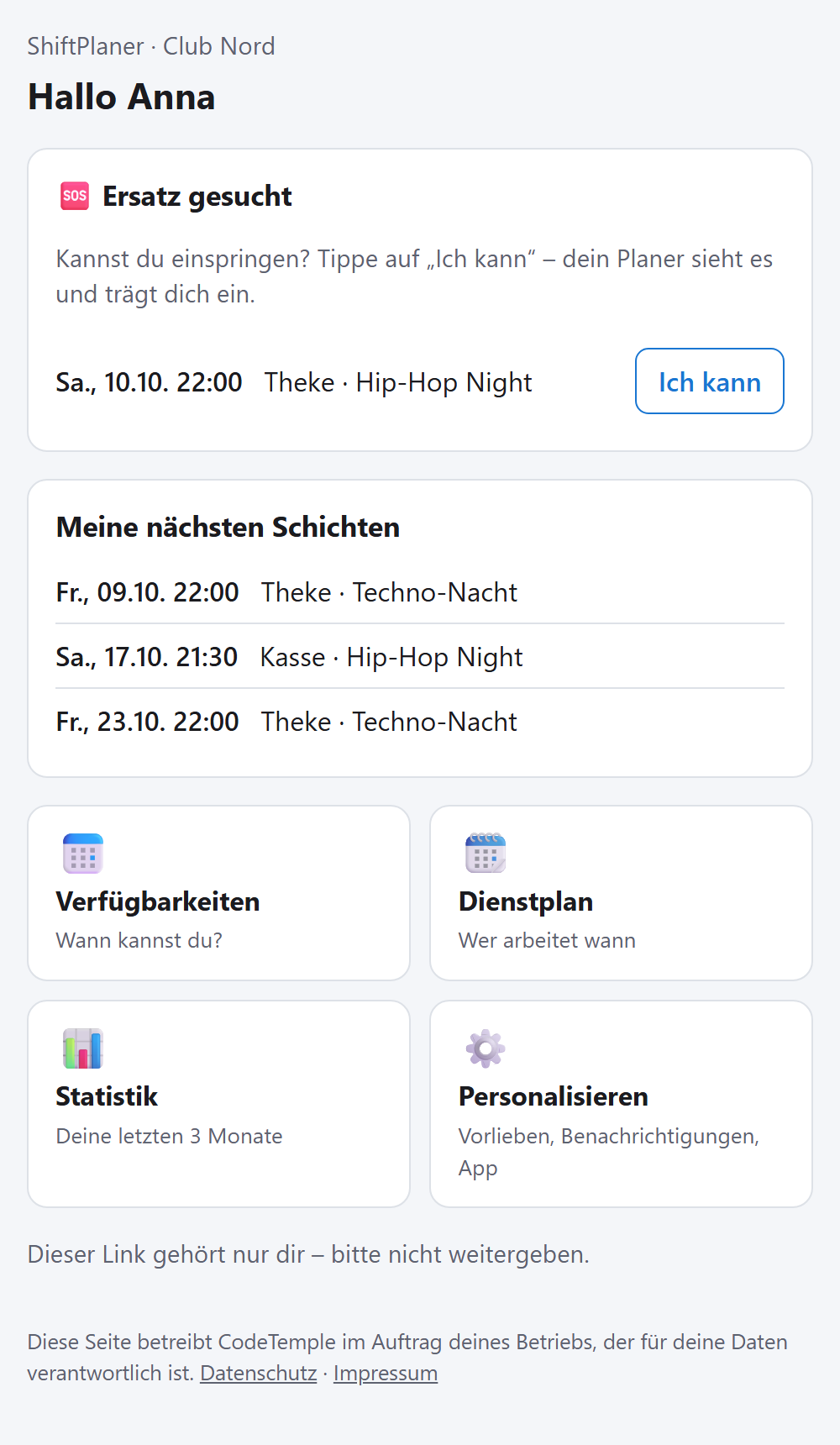 Startseite des Mitarbeiter-Links am Handy mit Ersatz gesucht und den nächsten Schichten