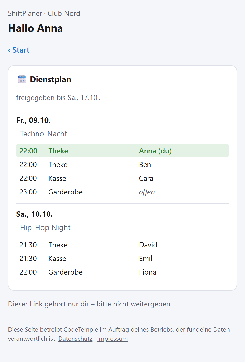 Freigegebener Dienstplan am Handy, die eigene Schicht hervorgehoben