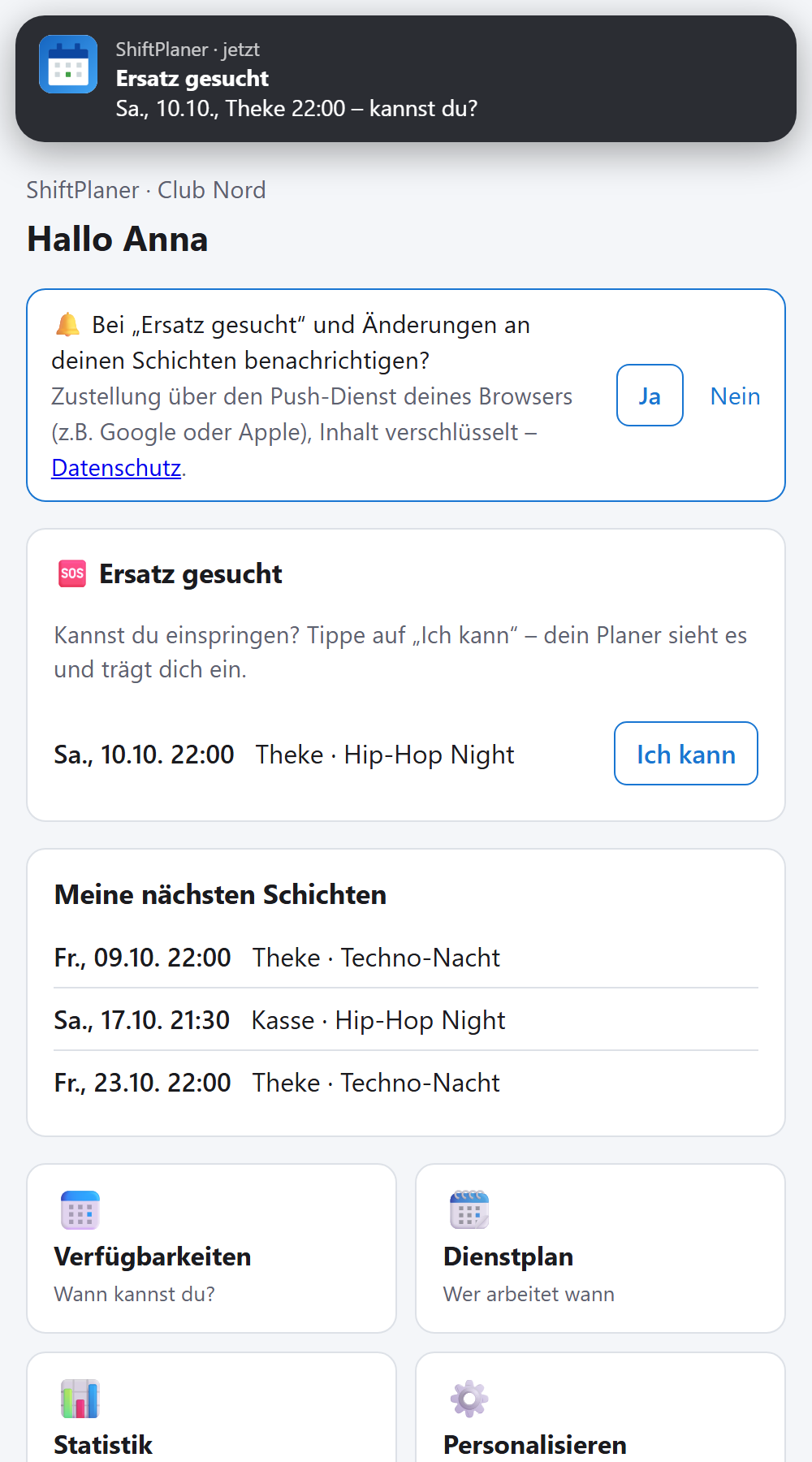 Die Frage „benachrichtigen?“ oben auf der Seite und eine Nachricht „Ersatz gesucht“ auf dem Handy