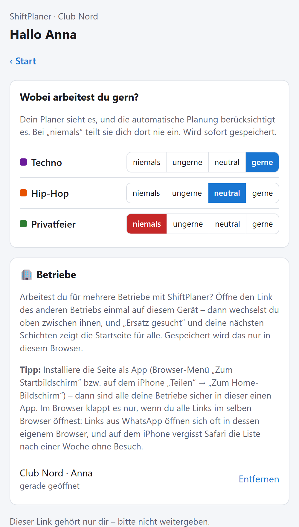 Die Karte „Wobei arbeitest du gern?“ auf der Mitarbeiter-Seite