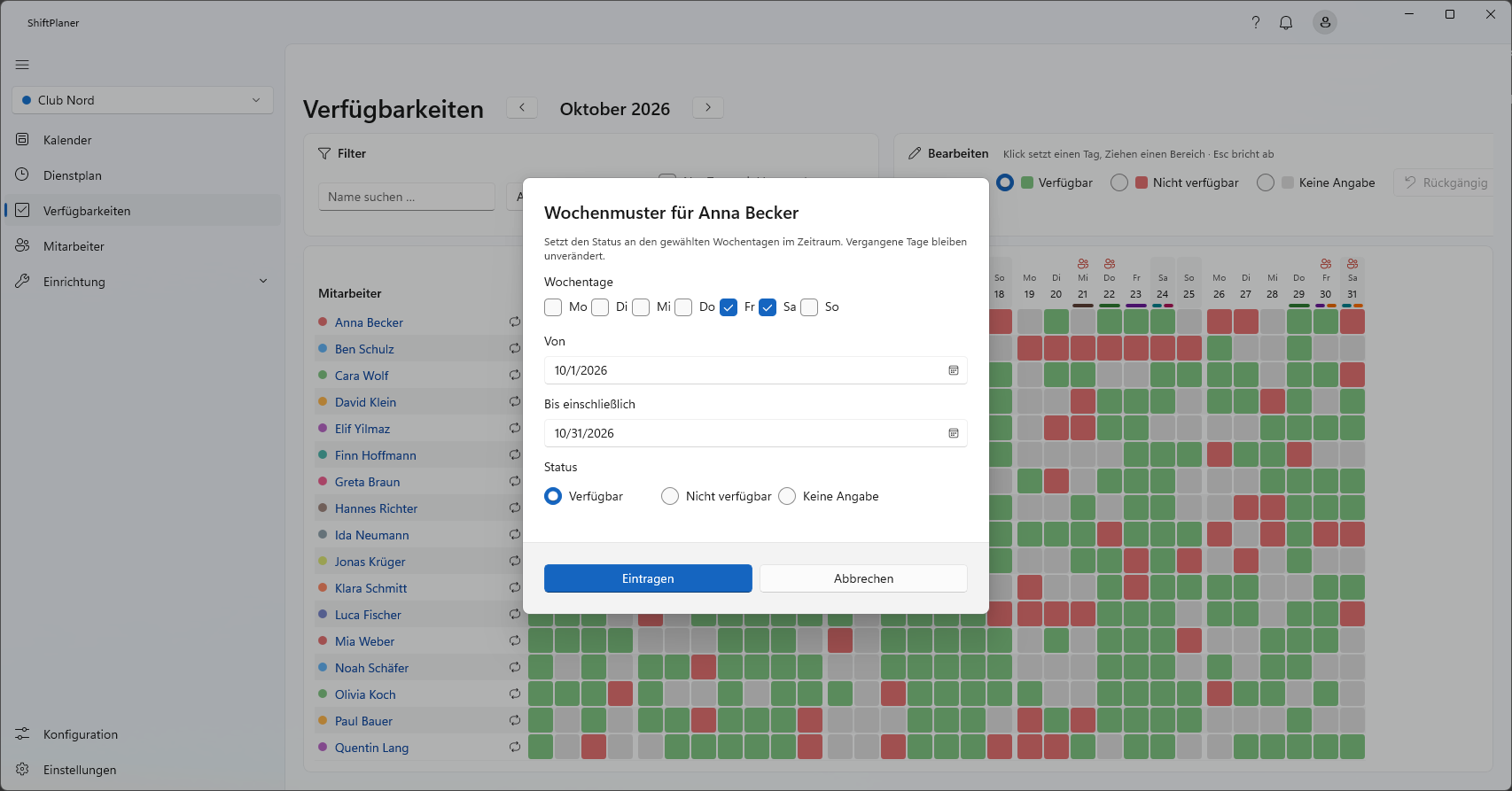 Dialog „Wochenmuster“ mit Freitag und Samstag
